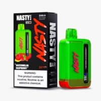 Vape device and packaging for Nasty Bar watermelon raspberry flavor, featuring digital nicotine level display.