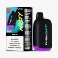 E-liquid vape device with label, black and purple design, disposable nicotine vape for flavor, 50mg nicotine strength.