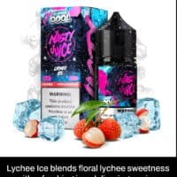 Lychee ice vape juice bottle with lychee fruits and ice cubes, premium e-liquid flavor.