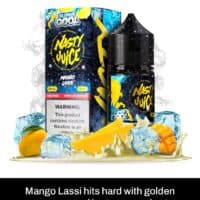 Sweet cool mango lassi vape juice for flavorful vaping experience with icy tangy yogurt flavor, 35mg nicotine, 30ml bottle.