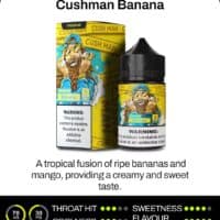 Blue and yellow vape juice bottle and box featuring a cartoon character, mango banana flavor, 6mg nicotine strength.