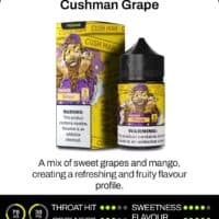 Vape juice bottle with mango grape flavor and warning label, cannabis-themed packaging, for vaping.