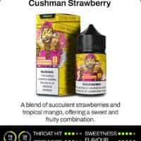 Vape juice bottle and box showcasing Cushman Strawberry Mango flavor, nicotine warning label, and vibrant graphics.