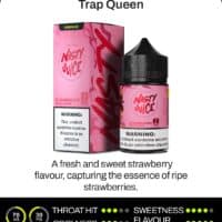 Strawberry vape juice bottle and box, featuring Nasty Juice Trap Queen flavor, nicotine warning label, colorful packaging.