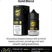 Almond tobacco vape juice bottle with black and gold packaging.