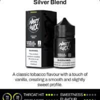Vape juice bottle and box featuring vanilla tobacco flavor, silver blend nicotine, for vaping.