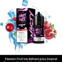 Fresh Passion Fruit Ice vape liquid with pomegranate and berries, cooling and fruity e-juice.