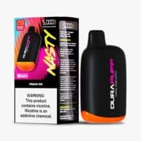 Vape device for e-liquid nicotine puffs, peach ice flavor, 50mg/mL nicotine strength.