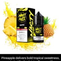 Juice Vape Pineapple flavor e-liquid in black packaging with fresh pineapple image, for tropical vape enthusiasts.