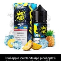 Pineapple Ice vape e-liquid with pineapple slices and ice cubes, refreshing tropical flavor.