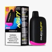 Disposable vape device with strawberry ice flavor, compact design, 50 mg nicotine, and 5000 puffs.