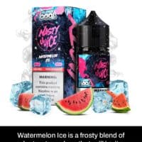 Refreshing watermelon ice vape juice with icy watermelon slices and ice cubes for summer cooling.