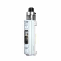 Vape device with digital display and tank for e-liquids, sleek white design.