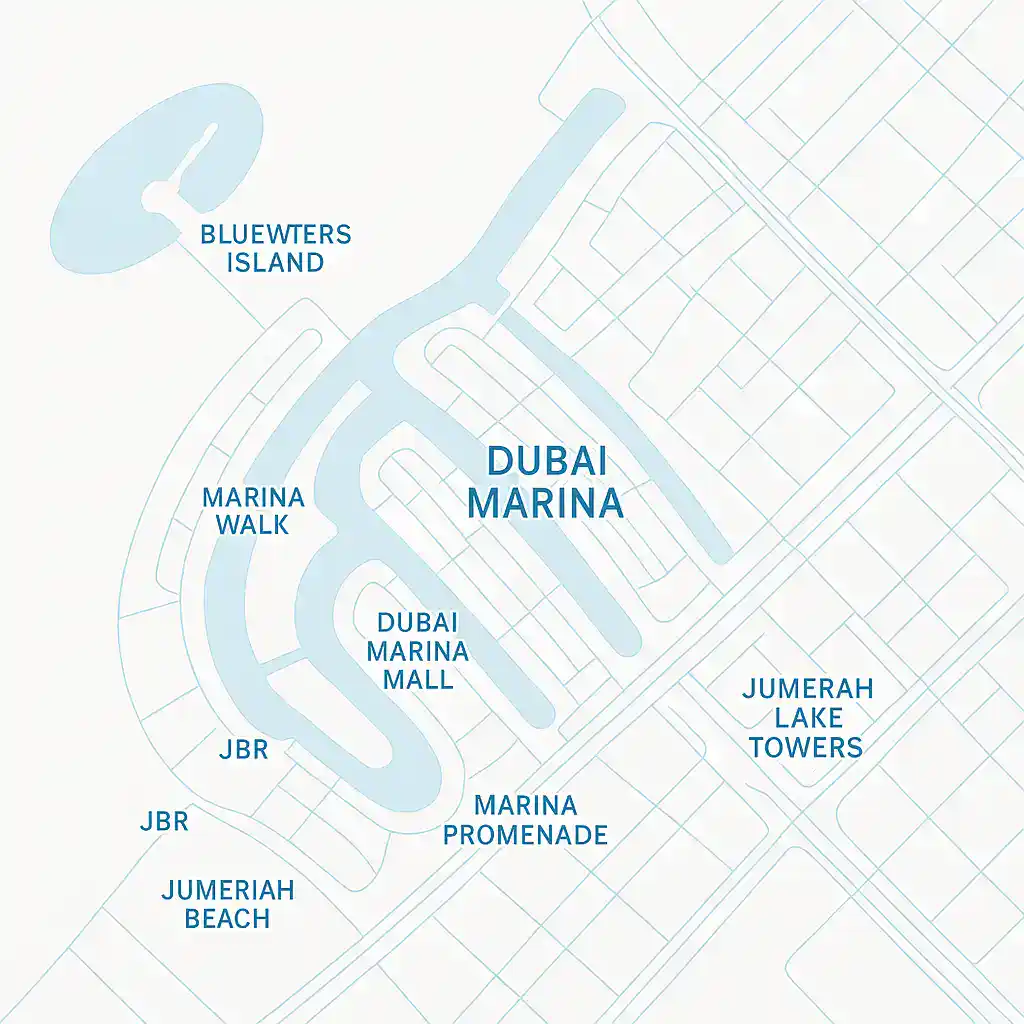 Minimalistic map of Dubai Marina showing vape delivery coverage including JBR, Marina Walk, Bluewaters Island and Marina Promenade